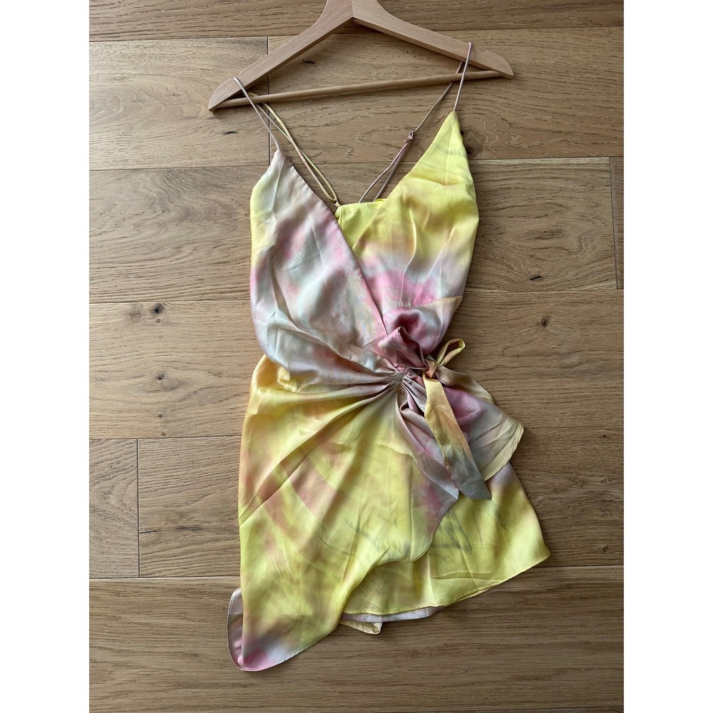 Hello Molly Yellow Pink Tie-Dye Satin Mini Dress